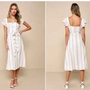 Mediterranean Moves White Striped Flutter Sleeve Midi Dress